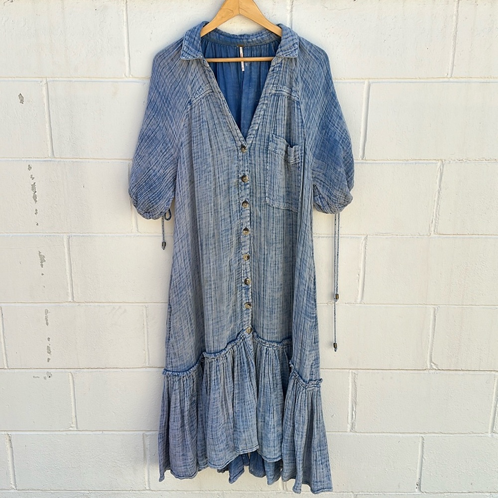 Free people button up collared maxi dress with sleeve ties